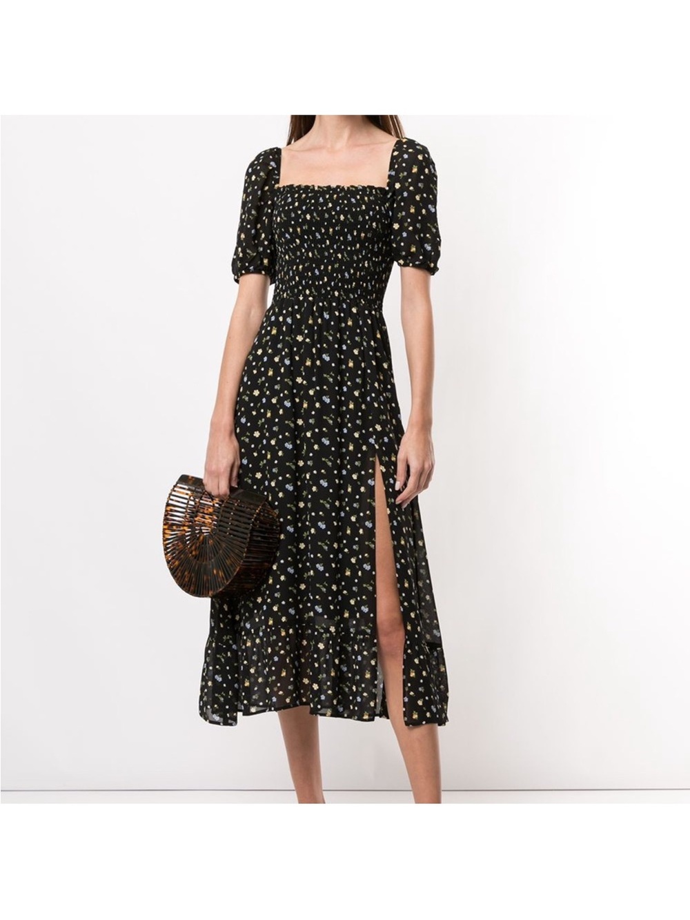 Reformation Meadow Black Floral Smocked Midi Dress with Puff Sleeves
